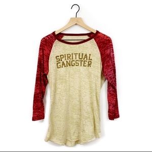 SPIRITUAL GANGSTER BASEBALL STYLE BURNOUT TEE.